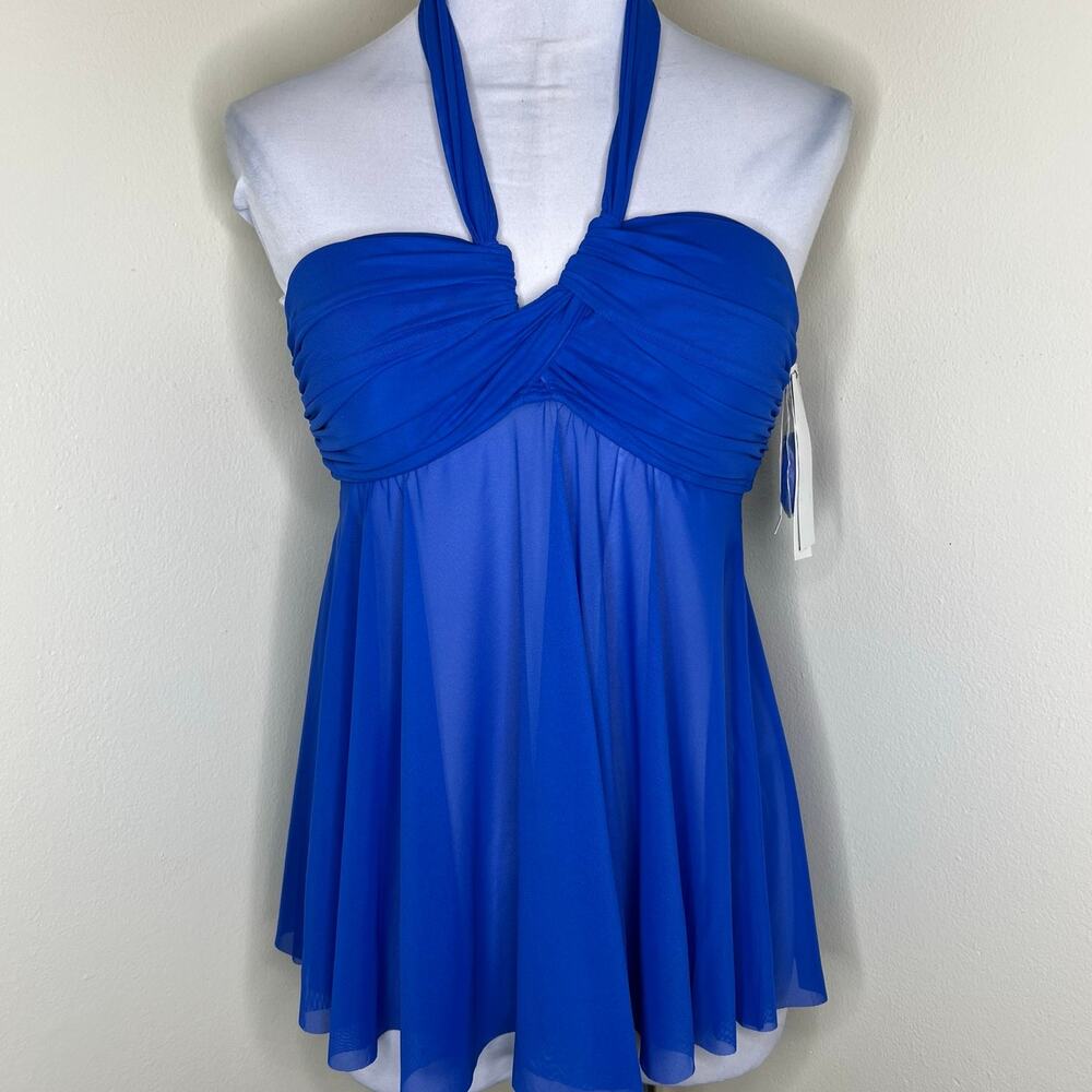 Carmen Marc Valvo Tankini Top Small Royal Blue Halter Mesh Padded Swim Beach New
